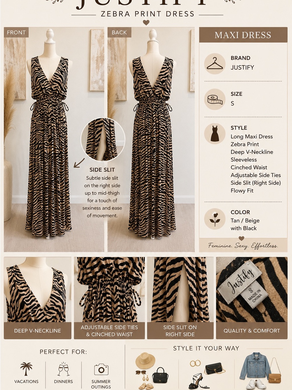 Justify Tan and Black Zebra Print Maxi Dress